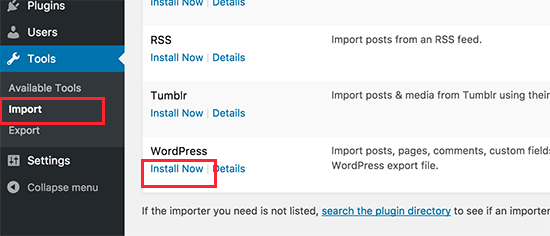 Instale o importador do WordPress 