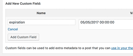 Adicionando um campo personalizado de expiração a uma postagem do WordPress 