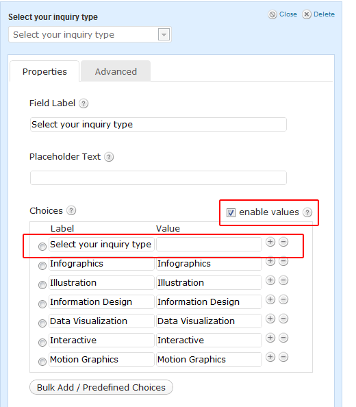 Drop Down Texto do espaço reservado em formulários de gravidade 