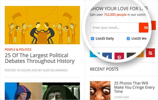 Formulário de subscrição de e-mail no site List25 
