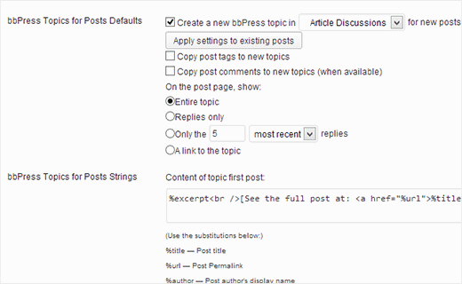 Configurações de discussão bbPress 