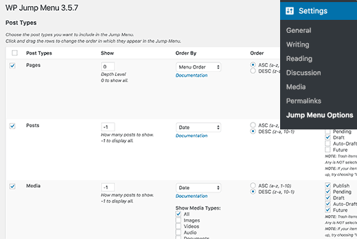 Ativar tipos de postagem a partir das configurações do menu de salto 