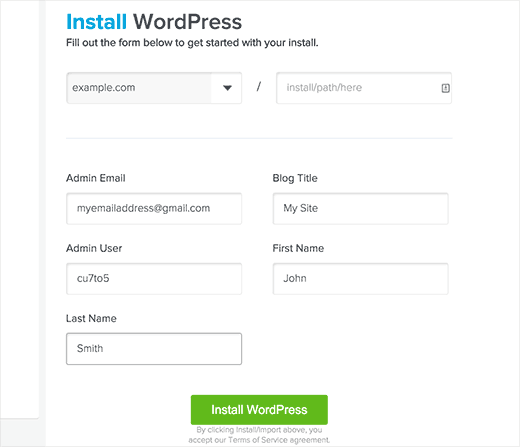 Configurações de instalação do WordPress no QuickInstall 