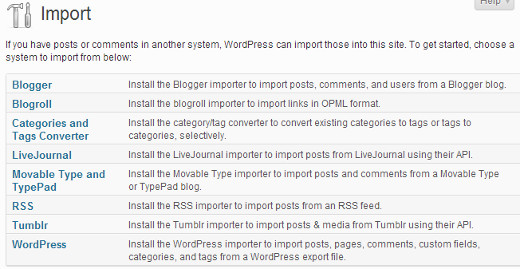 Ferramentas do importador do WordPress 