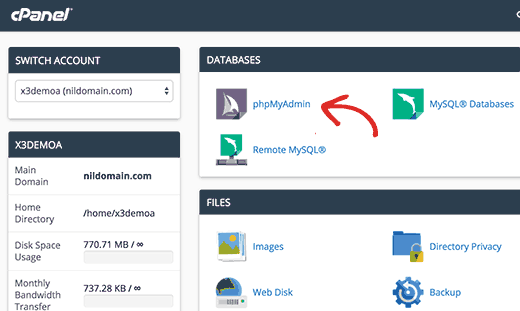 Lançando phpMyAdmin a partir de cPanel 