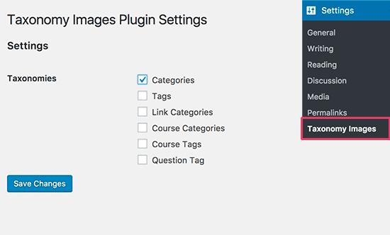 Configurações de imagens de taxonomia 