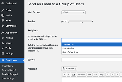 Enviar email para funções ou grupos de usuários específicos 