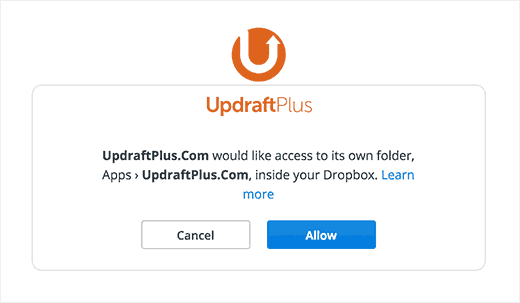 Permitir que o UpdraftPlus acesse o Dropbox 