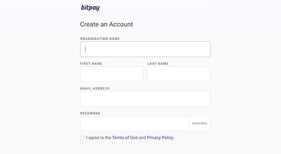 Criação da conta BitPay 