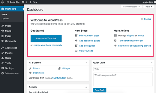 Painel de boas-vindas no painel do administrador do WordPress 