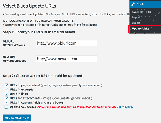 Configurações de plug-ins de URLs de atualização do Velvet Blues 