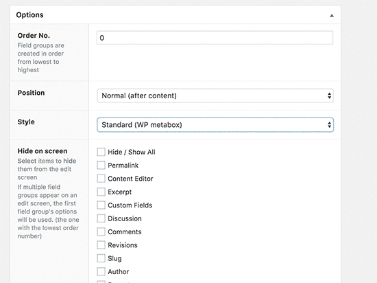 Opções da caixa meta 