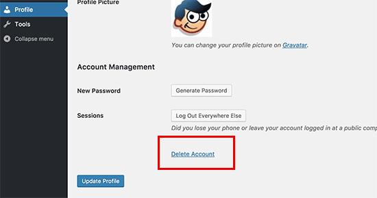 Eliminar link da conta na página de perfil do usuário 