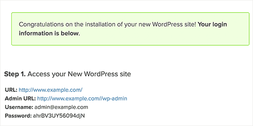 Credenciais de login do WordPress após o término da instalação usando o MOJO Marketplace 