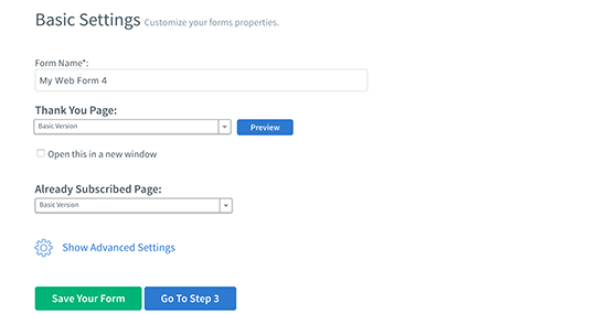 Página de configurações do formulário 