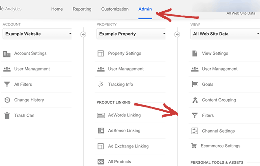 Menu Filtro no administrador do Google Analytics 