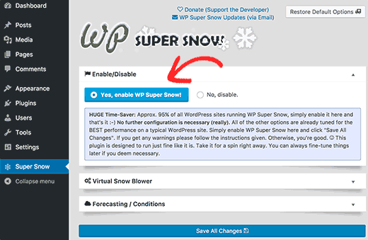 Página de configurações do WP Super Snow 