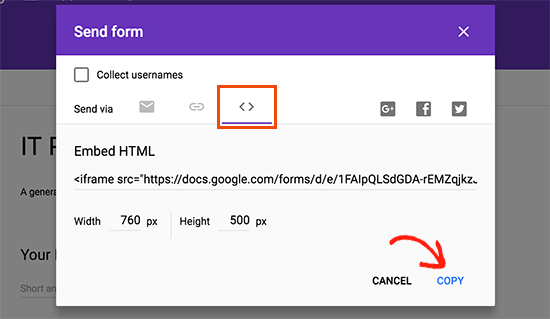 Copie o código de incorporação do Google Forms 