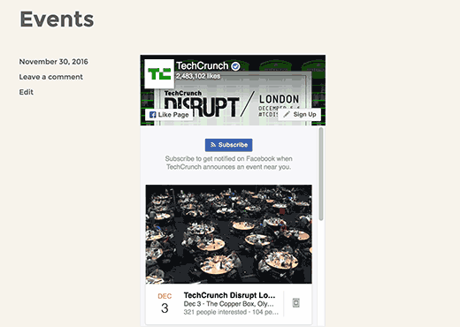 Evento do Facebook embutido em uma página do WordPress 