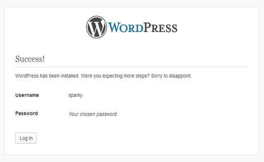 Mensagem de sucesso de instalação do WordPress 