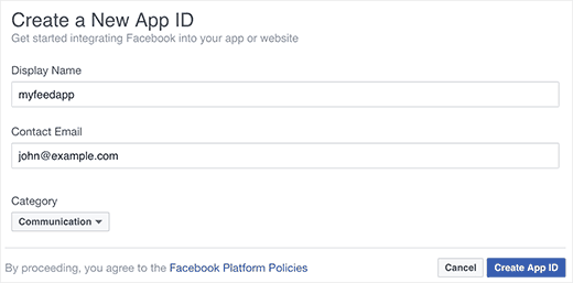 Criando um novo ID de aplicativo do Facebook 