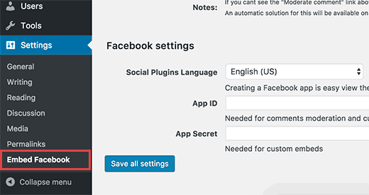 Página de configurações do WP Embed Facebook 