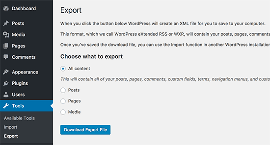 Baixe o arquivo de exportação do WordPress 
