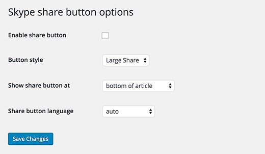 Página de configurações do botão compartilhamento do Skype 