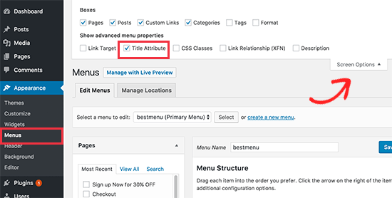 Habilitar atributo de título para menus de navegação no WordPress 