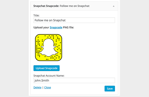 Configurações do widget Snapchat snapcode 