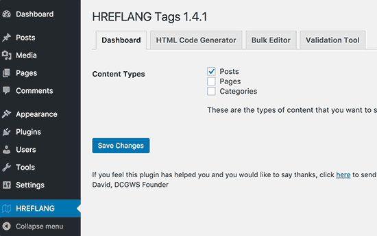 Configurações do plugin de tag hreflang 