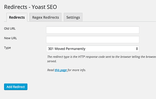 Gerenciador de redirecionamento no Yoast SEO Premium 