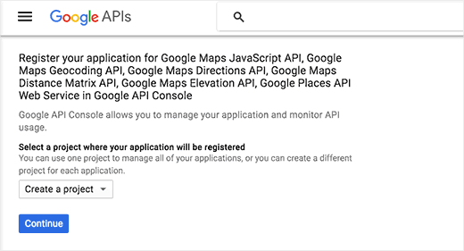Crie um novo projeto de API do Google Maps 