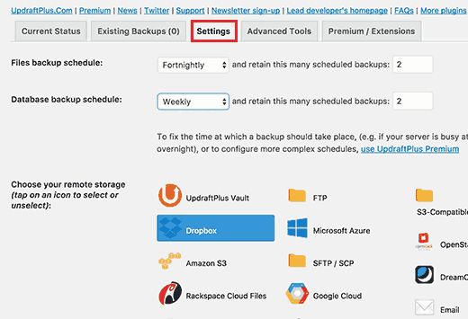 Configurações do UpdraftPlus 