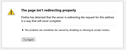 Erro de redirecionamento do WordPress exibido no Firefox 
