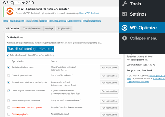 WP-Otimizar configurações 