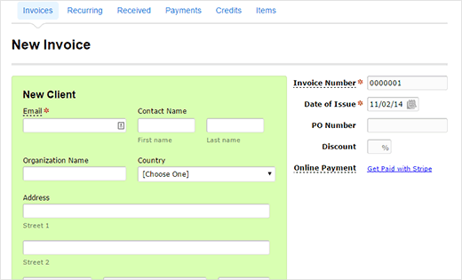 Inserindo informações do cliente para sua nova fatura 