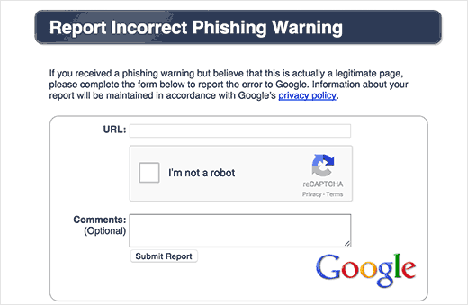 Relatório de alerta de phishing incorreto 