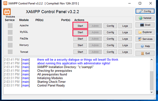 Inicie o Apache e MySQL 