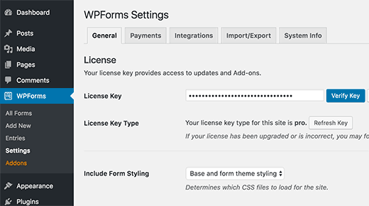 Adicione sua chave de licença WPForms 