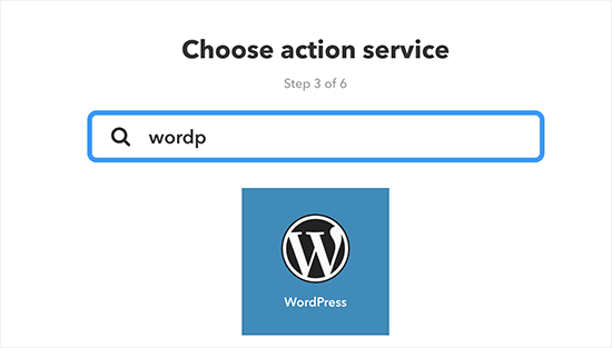 Escolha WordPress como serviço de ação 