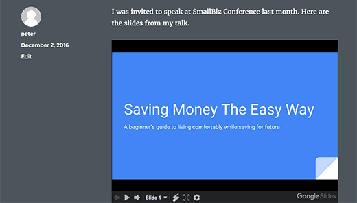 Visualização de uma apresentação do Google Slides no WordPress 