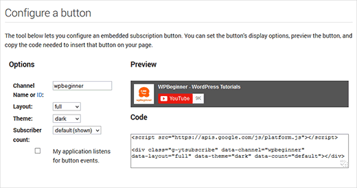 Gerando o código do botão de assinatura do YouTube 