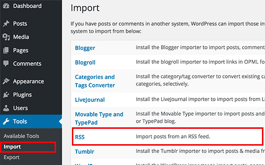 Importar backup de mídia RSS para o WordPress 