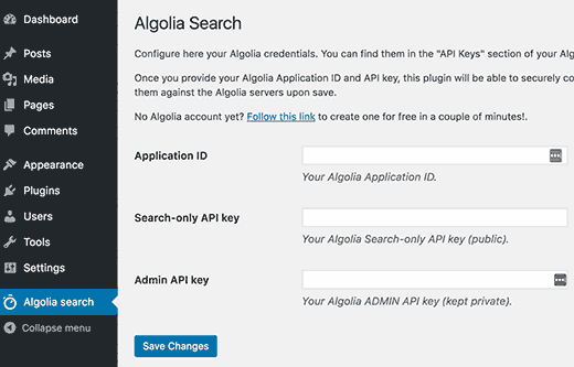 Página de configurações do plugin Algolia 