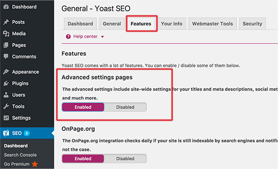 Ativar página de configurações avançadas para Yoast SEO 