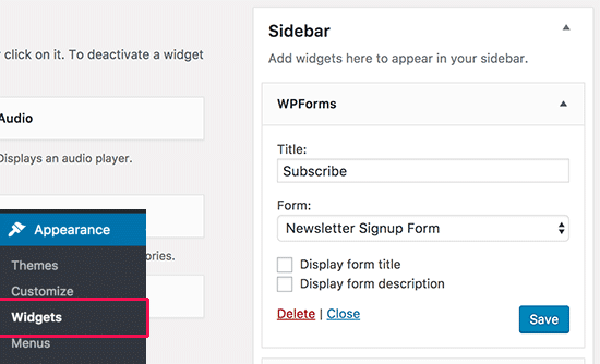 Adicionando WPForms AWeber widget da barra lateral 