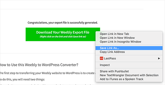 Faça o download do arquivo de exportação Weebly 