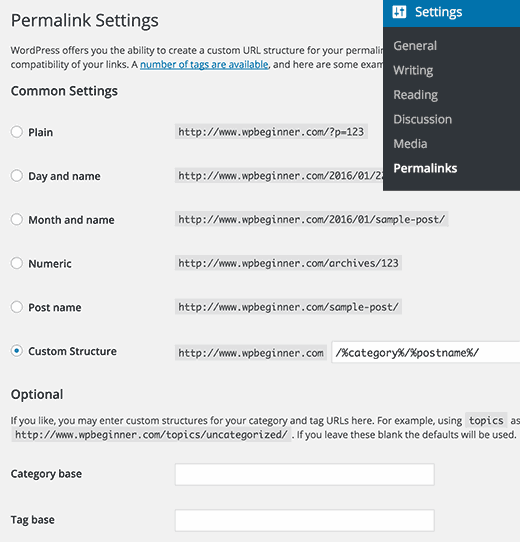 Página de configurações do permanente em WordPress 