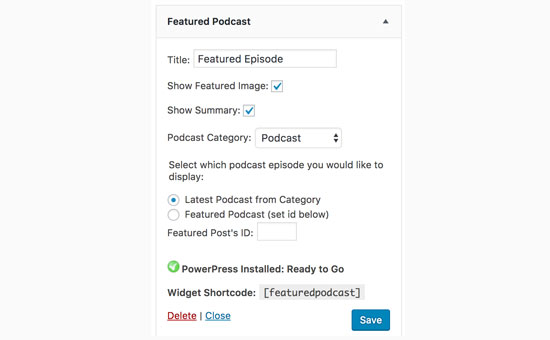 Widget de podcast em destaque 